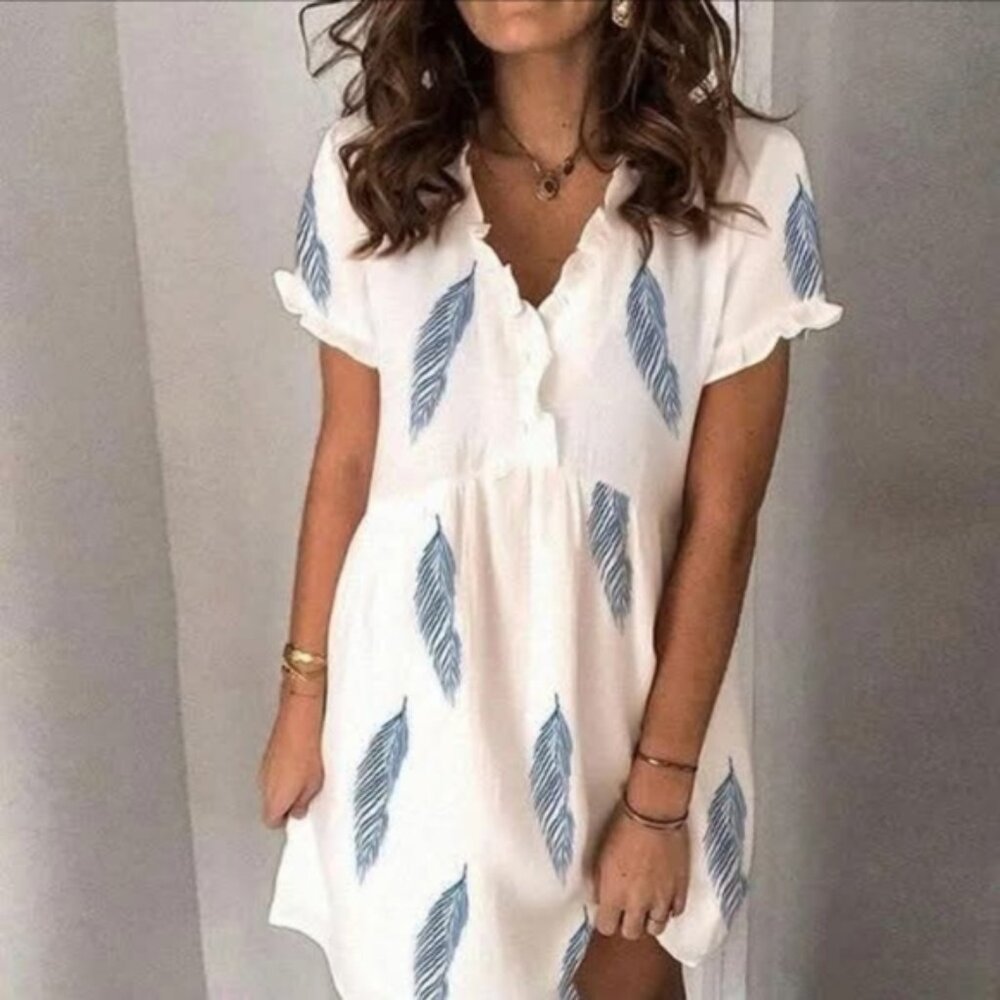 SHEIN Relaxed Ruffled Shirt Dress Womens Size Small White Blue Leaf Print